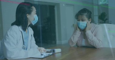 Kadın doktor, erkek hastayı muayene ediyor. Animasyon çizelgesi ve termometre ikonu gösteriyor. Tıbbi, danışma, sağlık hizmetleri, klinik, mesleki, tanı, iç