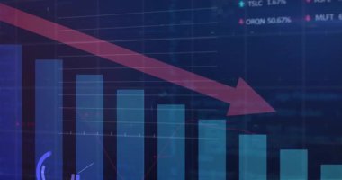 Mali gösterge paneli, alçalan kırmızı oku açık mavi çubuklardan mor çizgi grafikleriyle geçerken gösteriyor. Finansal, veri, görselleştirme, analitik, dijital, gösterge paneli, pazar