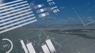 Açık pist üzerinde süzülen 3D render analizi turta grafikleri, bar çizelgesi ve haritasını gösteriyor. Gelecekçi, veri görselleştirme, teknoloji, dijital, mobil, kurumsal, yenilik