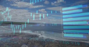 Hava sahili 3D canlandırması dalgalar, tarım alanları, şamdan çubukları, harita örtüleri ile canlandırılıyor. Deniz manzarası, deniz manzarası, deniz, finans, yatırım, analitik, soyut