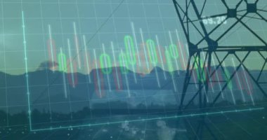 Dijital şamdan kaplaması 3 boyutlu ızgarayı, yüzen kırmızı ve yeşil çubukları, hologramları, sayısal etiketleri gösteriyor. Teknoloji, analitik, veri görselleştirme, yenilik, fütüristik, finans, yapay zeka