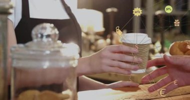 Kafe tezgahında kabarık kollu kahve fincanı dağıtmak, yüzen satış ikonlarının yer aldığı. Kahvaltı, misafirperverlik, kafe, perakende, içecek, ticaret, minimalizm