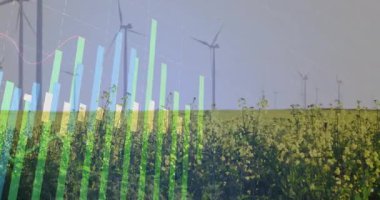 Sarı ekin sahnesinin üzerinde canlandırılan çok renkli bar çizelgesi arkasında rüzgar türbinlerini gösteriyor. Peyzaj, yenilenebilir, analitik, çevre, teknoloji, sürdürülebilirlik, ekolojik