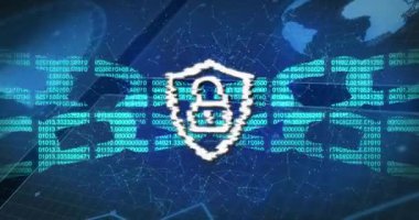 Beyaz kalkan ve asma kilit simgesi ağ hatları üzerinde yüzüyor ve sayısal kod zincir bağlantıları oluşturuyor. Siber güvenlik, dijital, koruma, teknoloji, ağ, şifreleme, yenilik