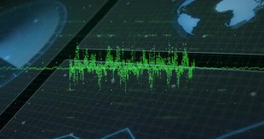 Merkezi neon yeşil dalga formu 3D ızgara üzerinde parlıyor, yüzen veri noktalarını ve mavi haritayı gösteriyor. Gelecek, teknoloji, veri, analiz, görselleştirme, dijital, siber