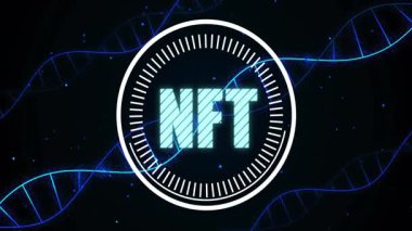 Mavi DNA sarmal iplikçikleri arasında dairesel beyaz gösterge içinde yüzen merkezi parlayan Cyan NFT etiketi. Fütürist, soyut, dijital, bilim, teknoloji, yenilik, biyoteknoloji