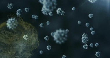 Dikenli viral parçacıklar koyu bir sıvının içinde yüzüyorlar. Altın ağ liflerini 3 boyutlu olarak parlaklaştırıyorlar. Mikroskobik, nanoteknoloji, biyolojik tehlike, patojen, moleküler, soyut, bilimsel