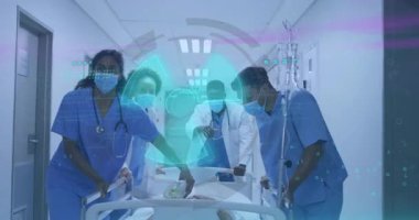 Tıbbi ekip hastayı dar koridorda hastane yatağına itiyor ve radyasyon örtüsü gösteriyor. Sağlık, takım çalışması, teknoloji, profesyonellik, klinik, acil durum, teşhis