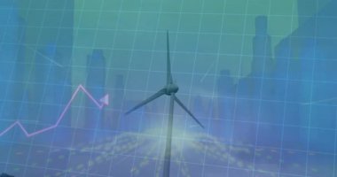 Merkezde duran rüzgar türbini, düz dizayn ızgarası ile mor veri hattı tırmanışını gösteriyor. Yenilenebilir, sürdürülebilirlik, yenilik, teknoloji, enerji, fütüristik, dijital