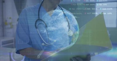 Klinik koridorunda, değişen dünya veri tablolarını kaplayan kadın bir tıp uzmanı. Sağlık, teknoloji, dijital, yenilik, profesyonellik, araştırma, analiz