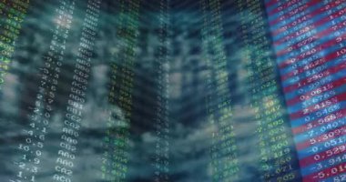 Bulanık ufuk çizgisi üzerinde renkli sütun değerlerini gösteren dijital finansal veri görüntüsü canlandırılıyor. Finansal, teknoloji, analitik, yatırım, veri görselleştirme, modern, profesyonel