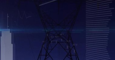 Lacivert arayüzün üzerinde yükselen elektrik kulesi silueti mercek parlamasını ve veri grafiklerini gösteriyor. Teknoloji, veri görselleştirme, dijital arayüz, analitik, modern, geleceksel, yenilik