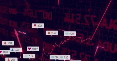 Pembe noktalı trend çizgisi koyu kırmızı ızgara üzerinde yükseliyor, düz tasarımda yüzen sosyal medya simgeleri. Analizler, gösterge paneli, görselleştirme, dijital, teknoloji, katılım, büyüme