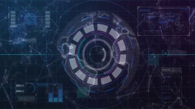 Dünya haritası üzerinde dönen merkezi dairesel HUD görüntüleme, yay ve veri panellerini 3D görüntüleme. Futuristik, arayüz, görselleştirme, teknoloji, dijital, veri, ağ