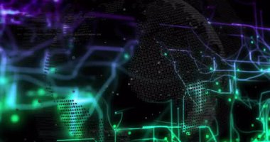 Küresel veri ağı, parlayan düğümler, neon devreler ve kod parçalarıyla görselleştiriliyor. Fütüristik, bağlantı, siber uzay, dijital alarm, teknoloji, yenilik, soyut