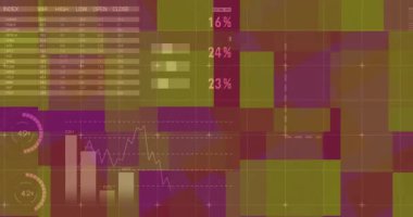Düz tasarımla verileri kaplayan turta grafiklerinin arkasındaki dünya haritası siluetini gösteren dijital gösterge paneli. Teknoloji, veri görselleştirme, analitik, kullanıcı arayüzü, bilgi tablosu, istatistik