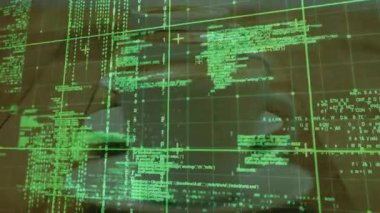 Beyaz kahve fincanı ve çay tabağı ahşap masa üstünde canlandırılıyor, yeşil kod ile harmanlanıyor. Teknoloji, iş, dijital, yenilik, modern, üretkenlik, arayüz