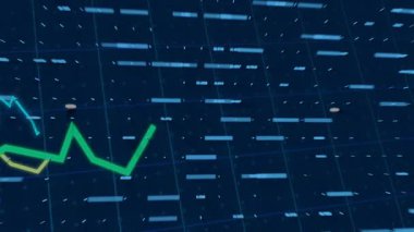 Finansal veri görselleştirmesi neon çizgileri ve şamdanlarla karanlık UI animasyonunu gösteriyor. Analizler, arayüz, bilgi, teknoloji, gösterge paneli, izleme, dijital