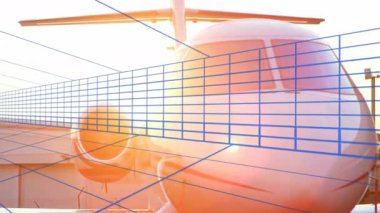 Beyaz, özel jet burunlu, önlüklü motor bölmesi ve mavi ızgara üzerinde kokpit pencereleri var. Lüks, uzay, ulaşım, şık, modern, premium, mühendislik