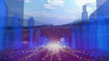 Çiftlikte parlayan 3D çubuklar ve neon veri izleri gösteren 3D oluşturulmuş veri görselleştirmesi. Teknoloji, yenilik, tarım, fütürizm, analitik, dijital, manzara