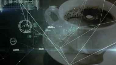 3D çizim, beyaz bardağı çay tabağında ve yüzen ağ grafiklerinden akan kahve akışını gösteriyor. Teknoloji, veri görselleştirme, dijital ağ, fütüristik, soyut, yenilik, siber