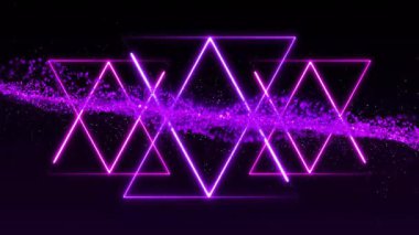 Parlak mor neon üçgenler karanlık boşlukta yüzüyor, parlayan parçacıklarla derinlik yaratıyor. Soyut, dijital sanat, fütüristik, geometrik, canlı, dalgın, teknoloji