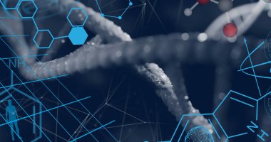 Tıbbi veri işleme DNA yapısı ve mavi arkaplan ile bağlantı ağı üzerinde. tıbbi araştırma ve bilim teknolojisi kavramı