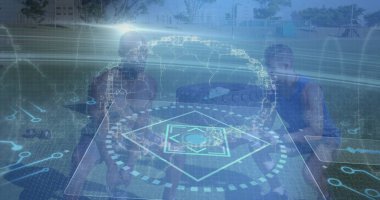 Çeşitli sporcuların egzersiz yapması üzerine veri işleme görüntüsü. küresel spor ve dijital arayüz kavramı dijital olarak oluşturulmuş görüntü.