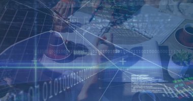 İş adamları üzerinde finansal veri işleme görüntüsü. global business, finans, data işleme ve dijital arayüz kavramı dijital olarak oluşturuldu.
