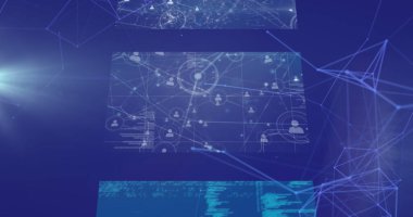 Mavi arkaplandaki veri işleme üzerinden bağlantı ağının resmi. küresel bağlantılar, veri işleme ve dijital arayüz konsepti dijital olarak oluşturulmuş resim.