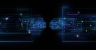 Siyah zemin üzerinde parlayan ışık izleri ve veri işleme görüntüsü. küresel veri işleme, dijital arayüz ve dijital olarak oluşturulmuş görüntü hesaplama kavramı.