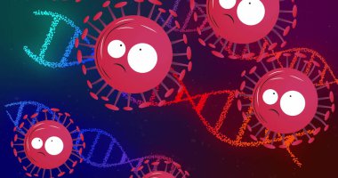 Renkli DNA iplikçikleriyle, soyut dijital sanatın merkezindeki kırmızı virüs parçacığı. Bilim, biyoteknoloji, mikrobiyoloji, sağlık, yenilik, soyut, canlı