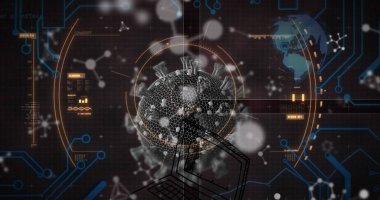 Virüs hücrelerinin üzerindeki molekül ve veri işleme görüntüsü. küresel bilim, veri işleme ve dijital arayüz kavramı dijital olarak oluşturulmuş görüntü.