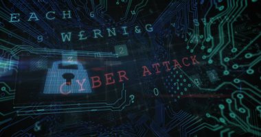 Veri işleme görüntüsü, çevrimiçi güvenlik uyarısı ve devre kartı. küresel çevrimiçi güvenlik, bilgisayar, veri işleme ve teknoloji konsepti dijital olarak oluşturulmuş vide