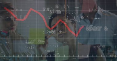 Image of financial data processing over diverse business people in office. global business, finances and digital interface concept digitally generated image.