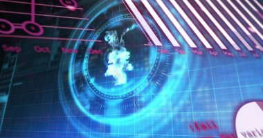 Statistical data processing and yen symbol over a round scanner against blue background. global economy and business technology concept