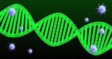 Mor mor virüs parçacıklarıyla biyoteknoloji alanı boyunca uzanan neon yeşil DNA çift sarmalını gösteriyor. Fütürist, biyoteknoloji, moleküler, bilim, dijital, yenilik, soyut