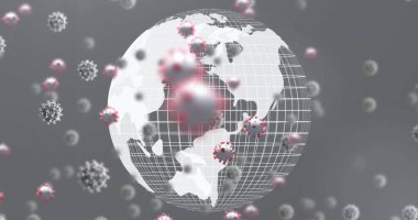 Kırmızı uçlu virüs parçacıkları ile soyut dijital uzayda dönen şeffaf 3D küre görüntüleniyor. Fütürist, küresel, teknoloji, tehlike, salgın, kayan, soyut