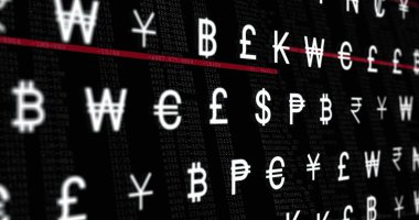 Siyah arkaplanda veri işleme üzerine para birimi sembollerinin resmi. küresel iş, finans ve dijital arayüz kavramı dijital olarak oluşturulmuş görüntü.