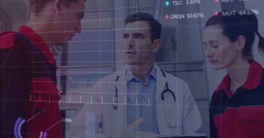 Kafkas erkek doktor ve sağlık görevlilerinin konuştuğu mali verilerin görüntüsü. finans, ekonomi, tıp, sağlık ve teknoloji konsepti dijital olarak oluşturulmuş görüntü.