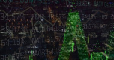 Bulanık şehir manzarası üzerindeki finansal verilerin ve grafiklerin resmi. küresel iş, finans, ekonomi ve teknoloji konsepti dijital olarak oluşturulmuş imaj.