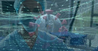 Araştırmacılar laboratuarlarında yüksek proteinlerle ağ verileri eşleşen 3D virüs modelini inceliyor. Tıbbi, teknoloji, gelecek, veri, bilim, araştırma, yenilik