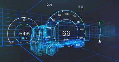 Dijital kamyonun üzerindeki araba paneli. küresel ulaşım ve dijital arayüz kavramı dijital olarak oluşturulmuş görüntü.