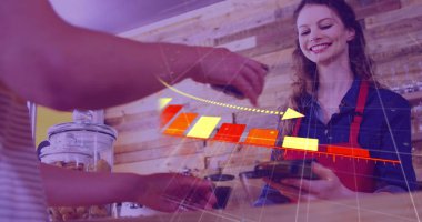 Ödeme terminalini kullanan insanların mali veri işleme görüntüsü. Küresel iş, finans, veri işleme ve dijital arayüz kavramı dijital olarak oluşturuldu.