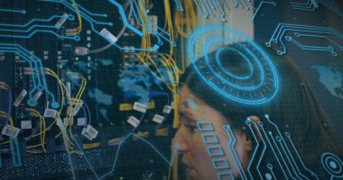 Bilgisayar kabloları üzerinden veri işleme görüntüsü. bilgisayarlar, ağ, veri işleme, teknoloji ve dijital arayüz kavramı dijital olarak oluşturuldu.