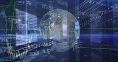 Şehir manzarası üzerinde veri işleme ve küre resmi. küresel iş ve dijital arayüz kavramı dijital olarak oluşturulmuş görüntü.