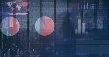 Şehir manzarası üzerinde finansal veri işleme resmi. küresel bağlantılar, veri işleme ve dijital arayüz konsepti dijital olarak oluşturulmuş resim.