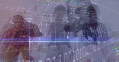 Afrikalı Amerikalı bir çocuk için veri işleme ve finansal grafikler. öğrenim, okul, finans ve ekonomi konsepti dijital olarak oluşturulmuş imaj.