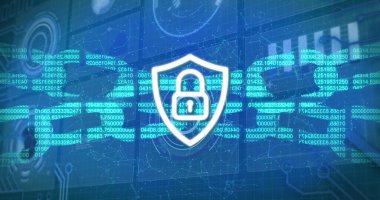 Asma kilitli dijital kalkan görüntüsü ve çeşitli verilerle mavi zemin üzerindeki blok zinciri. küresel internet güvenliği, veri işleme ve dijital arayüz konsepti dijital olarak oluşturulmuş görüntü.