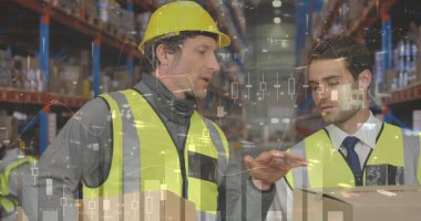 Statistical data processing against caucasian male supervisor and worker discussing at warehouse. logistics and transportation service concept